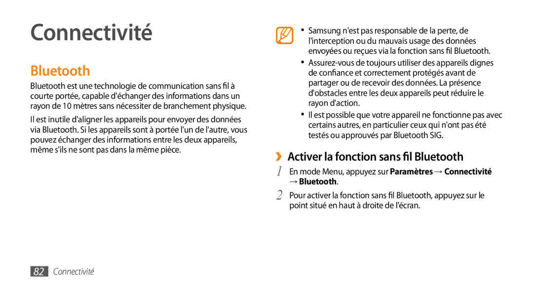 Samsung GT-S5750TIEXEF, GT-S5750HKELPM manual Connectivité, ››Activer la fonction sans fil Bluetooth, → Bluetooth 