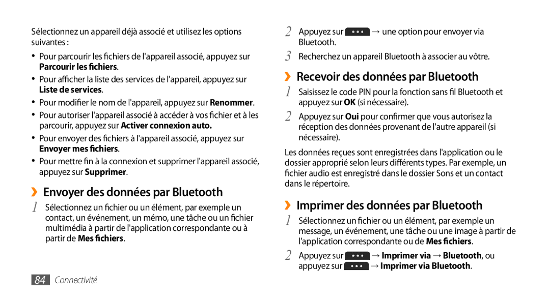 Samsung GT-S5750PWEBOG, GT-S5750HKELPM manual ››Envoyer des données par Bluetooth, ››Recevoir des données par Bluetooth 