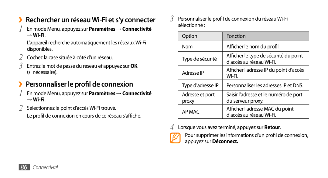 Samsung GT-S5750HKESFR manual ››Personnaliser le profil de connexion, ››Rechercher un réseau Wi-Fi et sy connecter, → Wi-Fi 