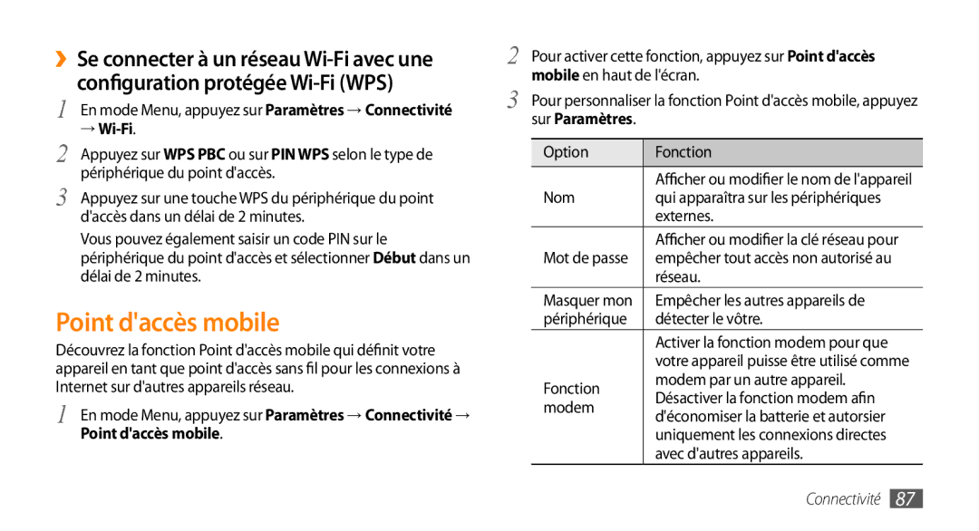 Samsung GT-S5750BDEXEF, GT-S5750HKELPM, GT-S5750PWELPM, GT-S5750HKEFTM manual Point daccès mobile, Mobile en haut de lécran 