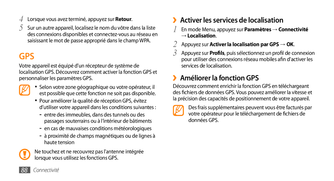 Samsung GT-S5750HKZXEF, GT-S5750HKELPM ››Activer les services de localisation, ››Améliorer la fonction GPS, Haute tension 