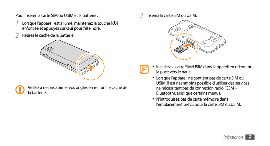 Samsung GT-S5750TIENRJ, GT-S5750HKELPM Pour insérer la carte SIM ou Usim et la batterie, Retirez le cache de la batterie 