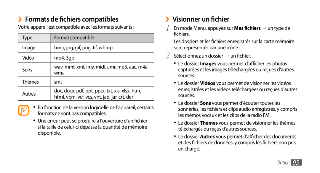 Samsung GT-S5750HKYSFR, GT-S5750HKELPM ››Formats de fichiers compatibles, ››Visionner un fichier, Wma, Thèmes Smt Autres 