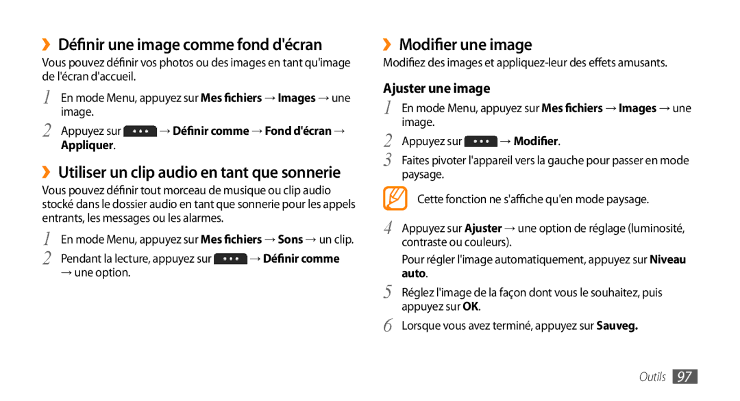 Samsung GT-S5750HKEXEF manual ››Définir une image comme fond décran, ››Modifier une image, Ajuster une image, Auto 