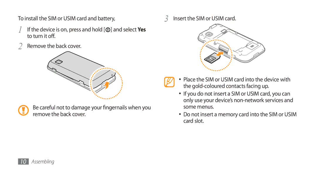 Samsung GT-S5750TIEXEF manual To turn it off Remove the back cover, Gold-coloured contacts facing up, Some menus, Card slot 