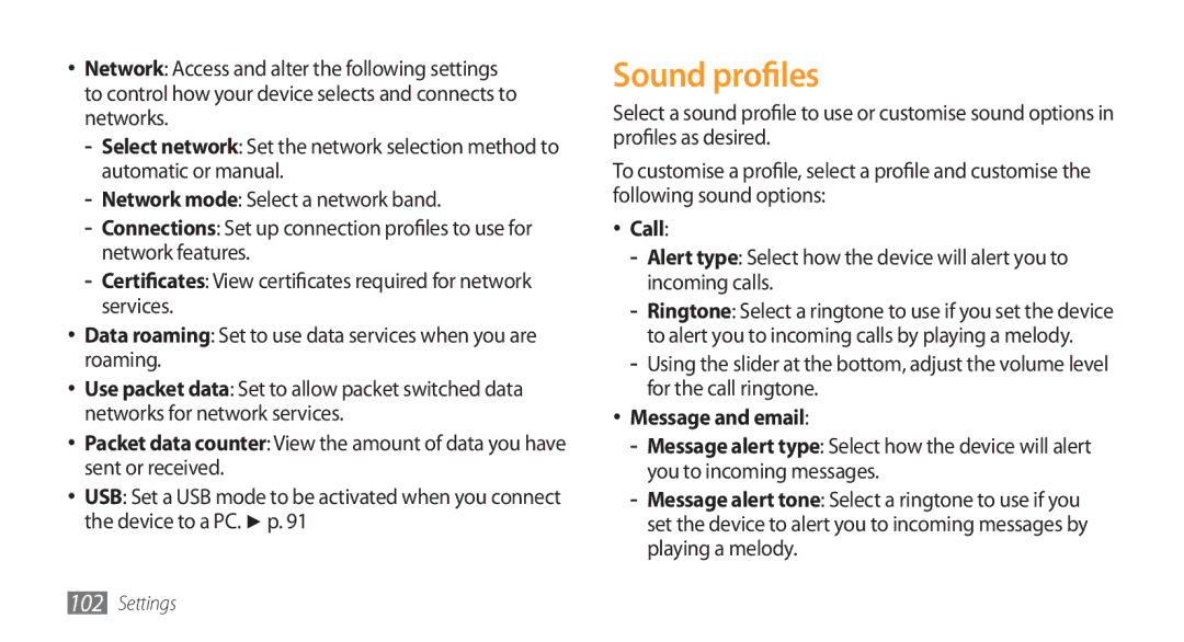 Samsung GT-S5750HKESEB, GT-S5750HKELPM, GT-S5750PWELPM, GT-S5750HKEFTM manual Sound profiles, Call, Message and email 