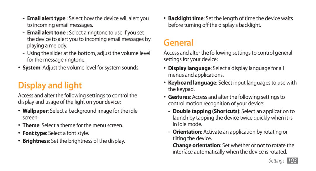 Samsung GT-S5750PWESEB, GT-S5750HKELPM, GT-S5750PWELPM, GT-S5750HKEFTM, GT-S5750PWEFTM manual Display and light, General 