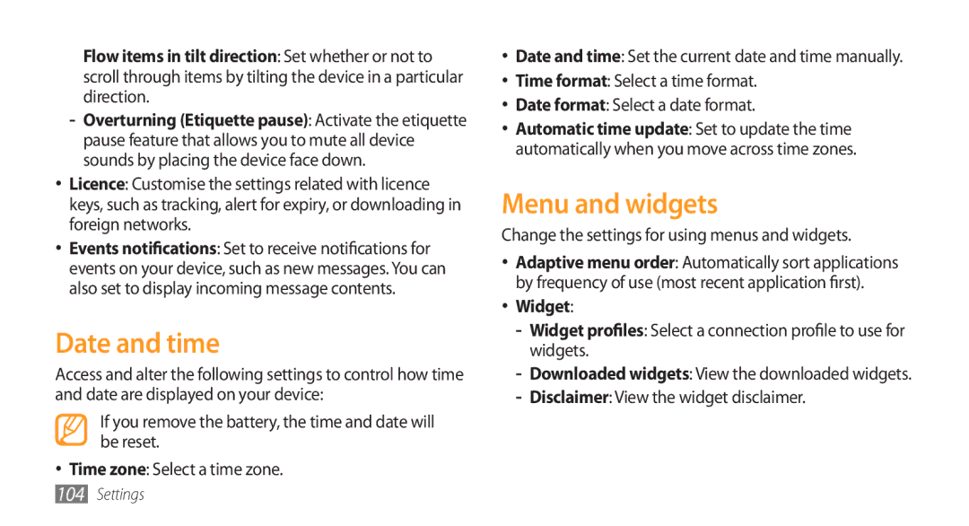 Samsung GT-S5750TIESEB manual Date and time, Menu and widgets, Change the settings for using menus and widgets, Widget 