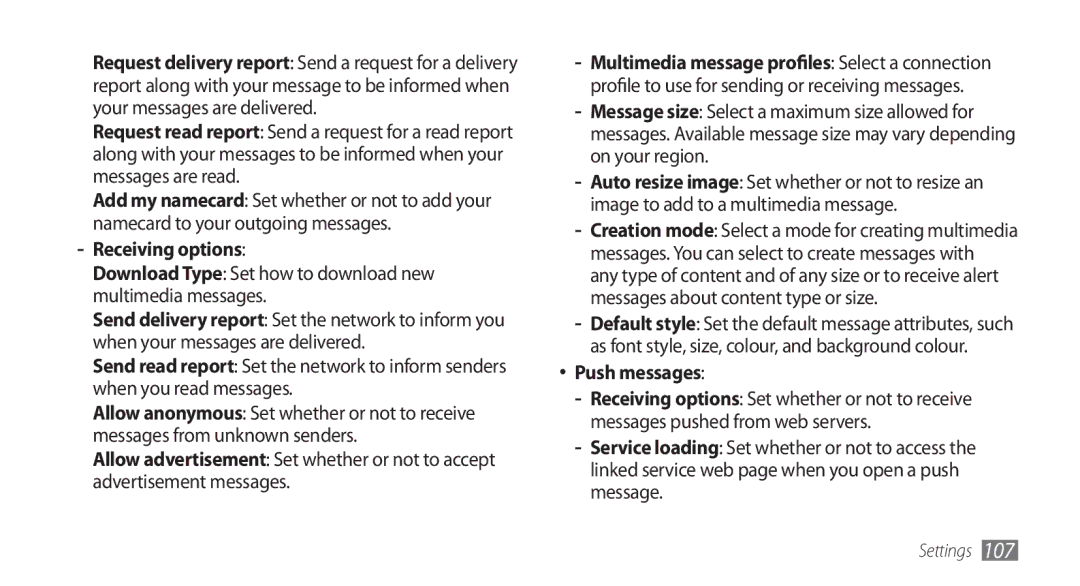 Samsung GT-S5750HKEFTM, GT-S5750HKELPM, GT-S5750PWELPM, GT-S5750PWEFTM, GT-S5750PWENRJ manual Receiving options, Push messages 