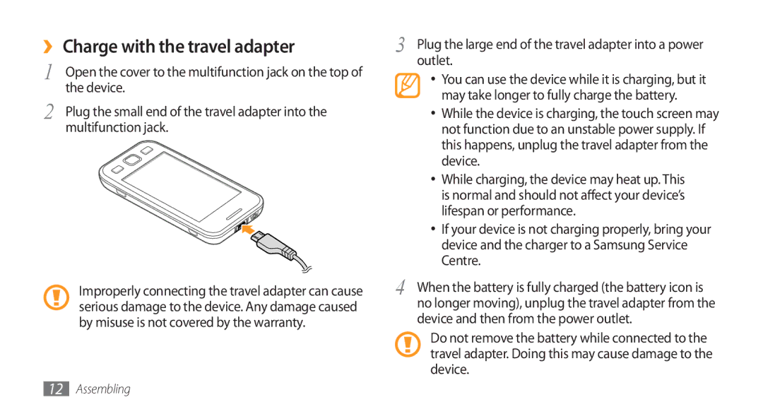 Samsung GT-S5750PWEBOG, GT-S5750HKELPM manual ›› Charge with the travel adapter, Device, Multifunction jack, Outlet 