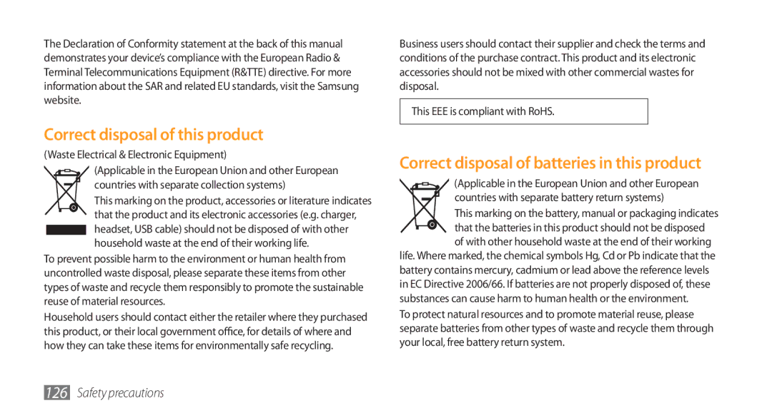 Samsung GT-S5750HKELPM, GT-S5750PWELPM Correct disposal of this product, Correct disposal of batteries in this product 