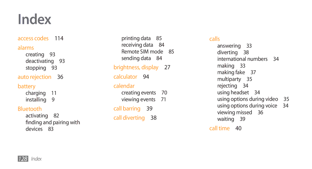 Samsung GT-S5750HKEFTM, GT-S5750HKELPM, GT-S5750PWELPM Index, Bluetooth activating 82 finding and pairing with devices  