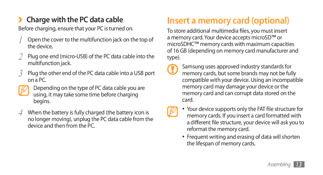 Samsung GT-S5750HKEVGF, GT-S5750HKELPM, GT-S5750PWELPM manual Insert a memory card optional, ›› Charge with the PC data cable 