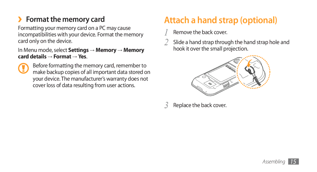 Samsung GT-S5750BDEXEF manual Attach a hand strap optional, ›› Format the memory card, Hook it over the small projection 