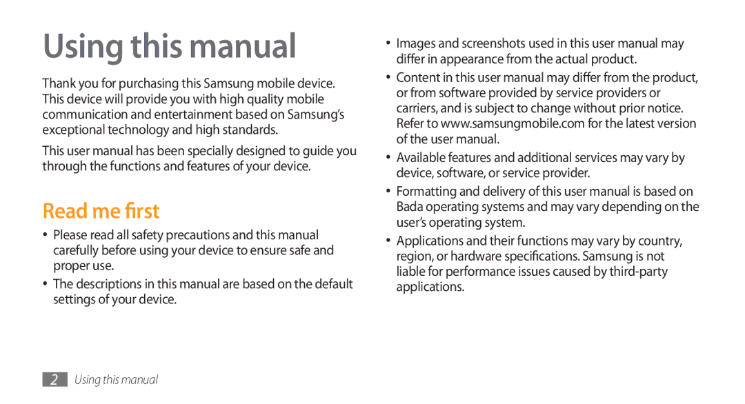 Samsung GT-S5750HKEFTM, GT-S5750HKELPM, GT-S5750PWELPM, GT-S5750PWEFTM, GT-S5750PWENRJ Using this manual, Read me first 