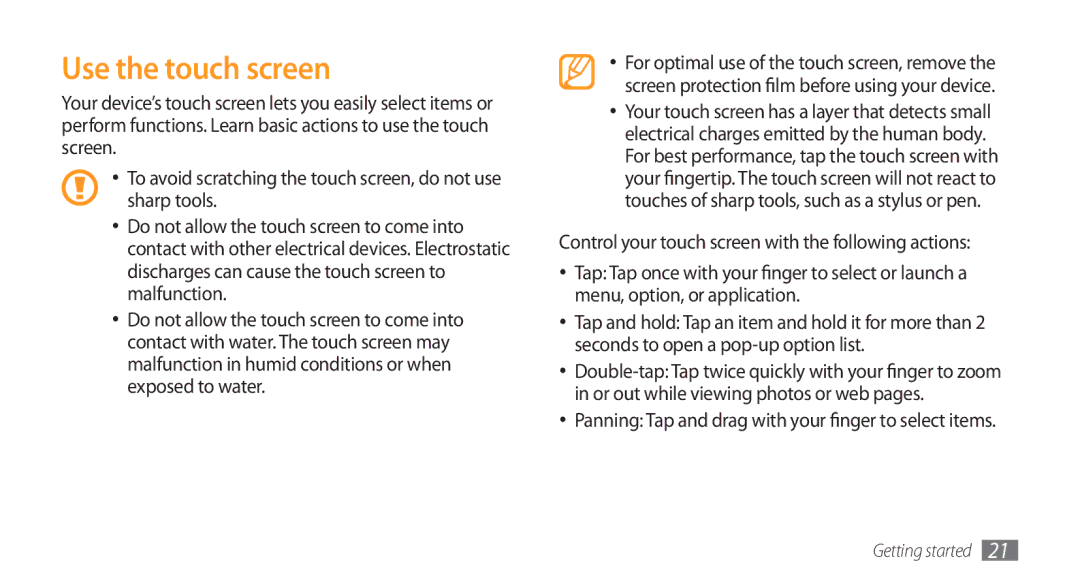 Samsung GT-S5750HKELPM, GT-S5750PWELPM, GT-S5750HKEFTM, GT-S5750PWEFTM, GT-S5750PWENRJ, GT-S5750HKYSFR Use the touch screen 