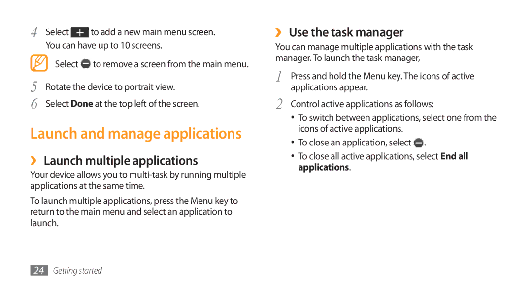 Samsung GT-S5750PWEFTM, GT-S5750HKELPM manual ›› Launch multiple applications, ›› Use the task manager, Applications 