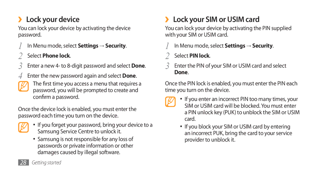 Samsung GT-S5750HKEXEF, GT-S5750HKELPM manual ›› Lock your device, ›› Lock your SIM or Usim card, Select Phone lock, Done 