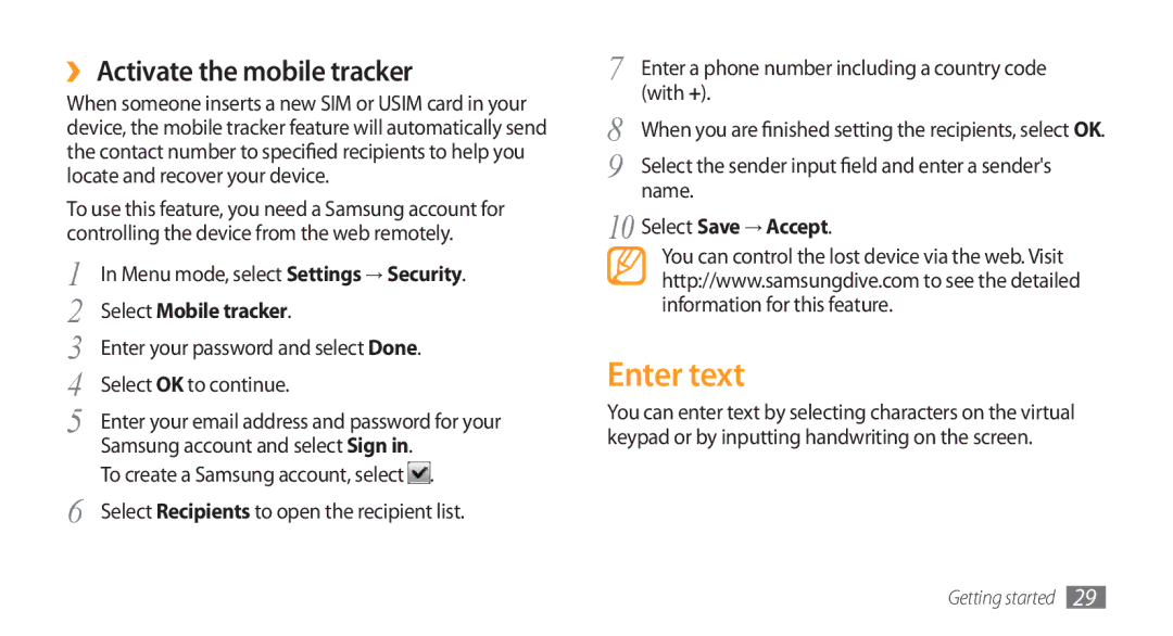 Samsung GT-S5750HKEBOG manual Enter text, ›› Activate the mobile tracker, Select Mobile tracker, Select Save → Accept 