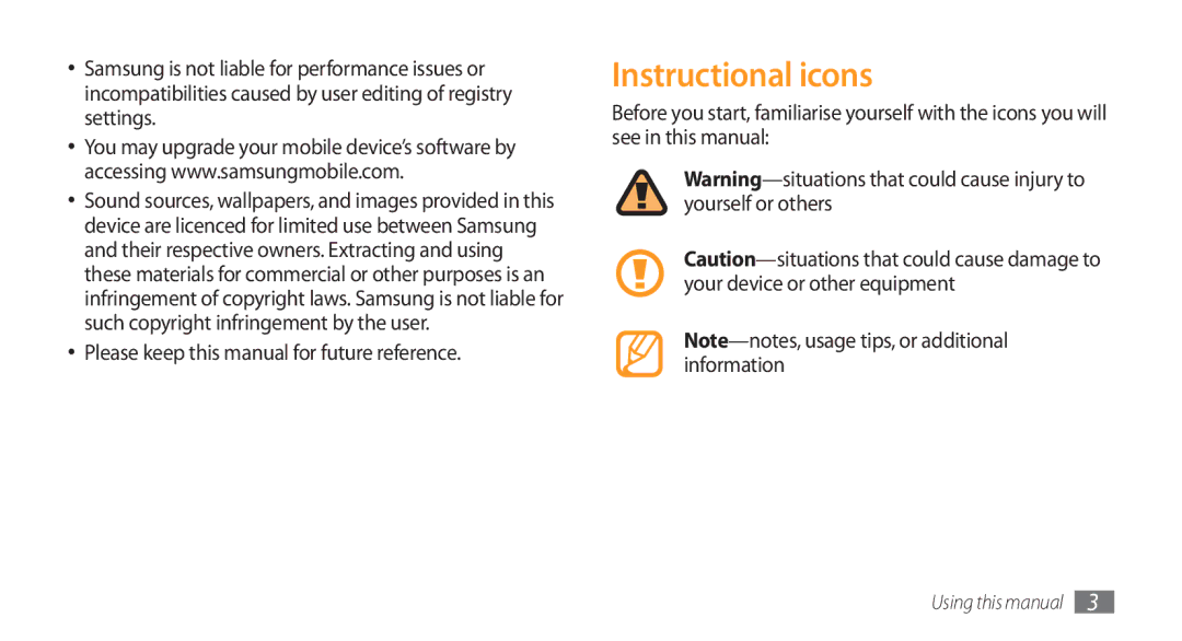 Samsung GT-S5750PWEFTM, GT-S5750HKELPM, GT-S5750PWELPM Instructional icons, Please keep this manual for future reference 