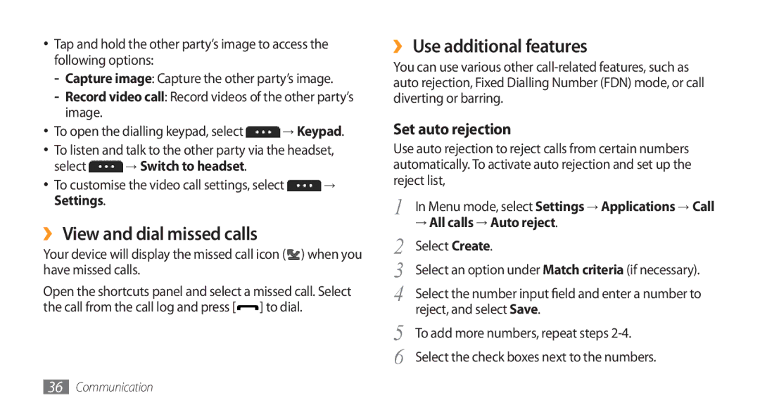 Samsung GT-S5750BDEXEF, GT-S5750HKELPM manual ›› View and dial missed calls, ›› Use additional features, Set auto rejection 