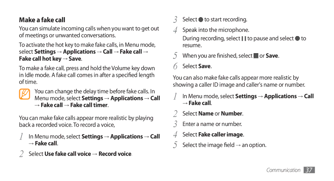 Samsung GT-S5750HKZXEF, GT-S5750HKELPM manual Make a fake call, → Fake call → Fake call timer, Select Fake caller image 