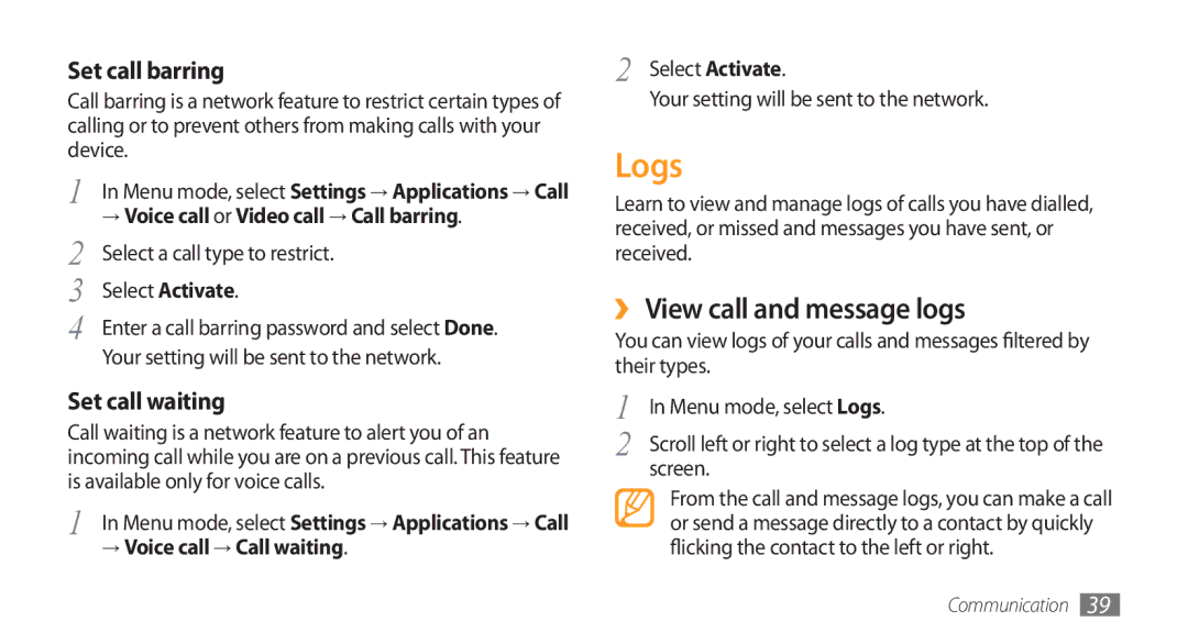 Samsung GT-S5750HKESEB, GT-S5750HKELPM manual Logs, ›› View call and message logs, Set call barring, Set call waiting 