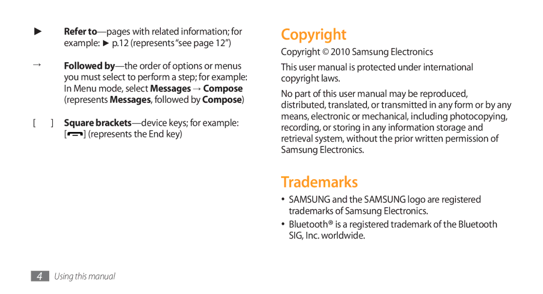 Samsung GT-S5750PWENRJ manual Trademarks, Square brackets-device keys for example, Copyright 2010 Samsung Electronics 