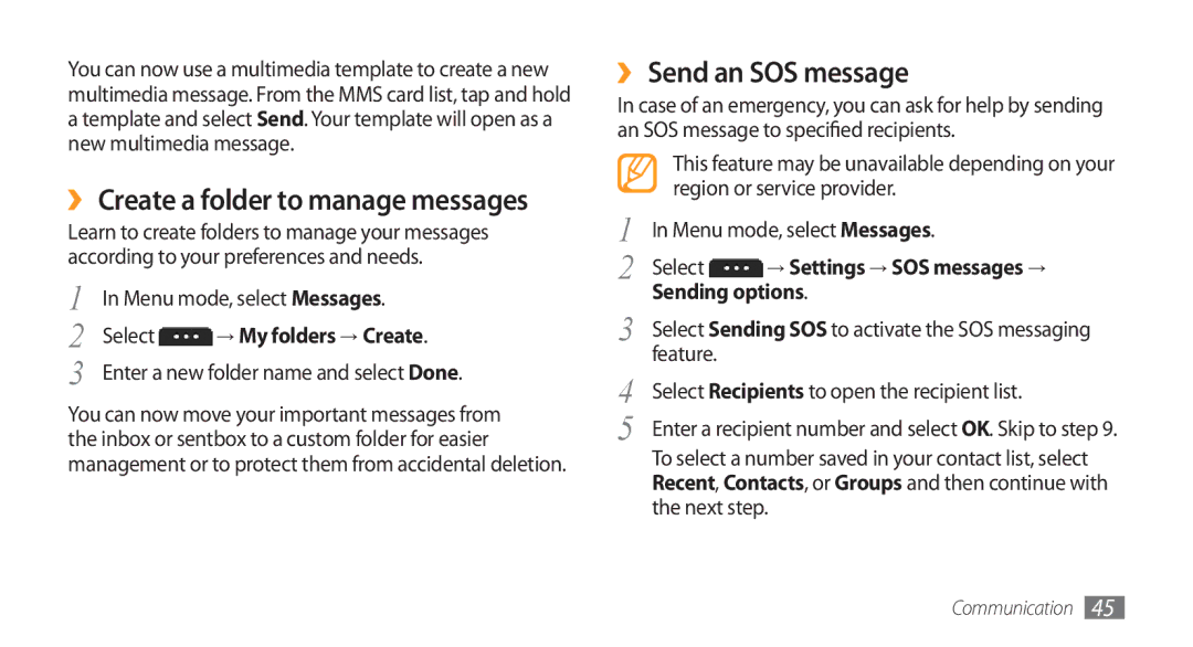 Samsung GT-S5750PWEFTM manual ›› Send an SOS message, → My folders → Create, → Settings → SOS messages →, Sending options 