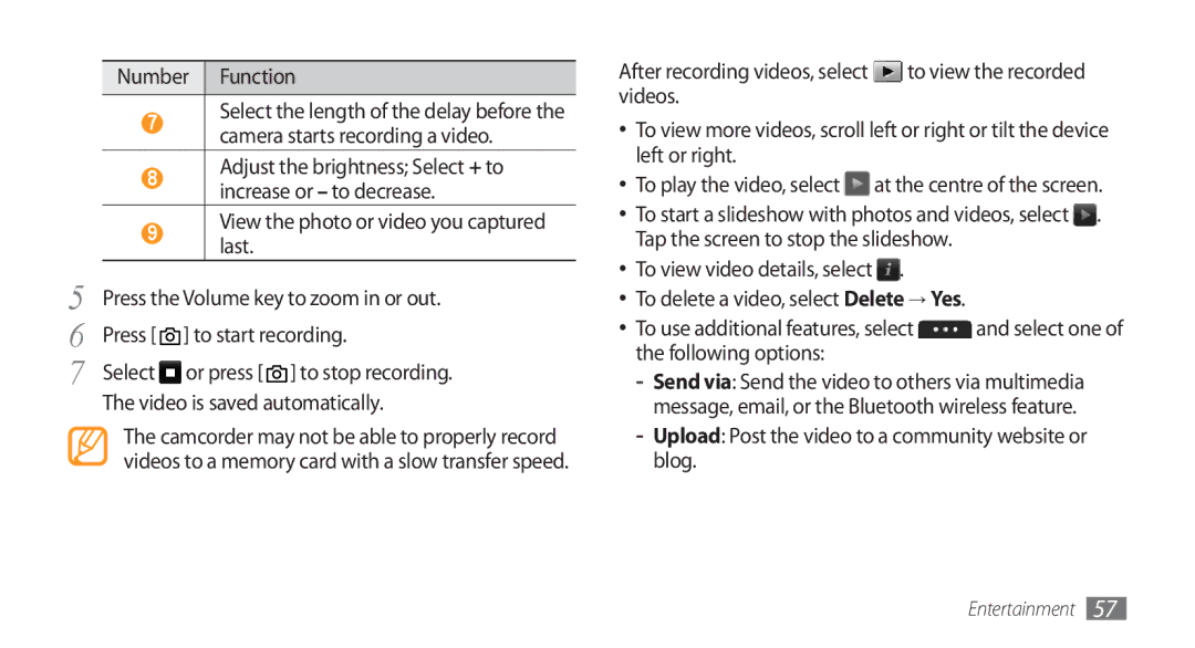 Samsung GT-S5750BDEXEF, GT-S5750HKELPM Video is saved automatically, Upload Post the video to a community website or blog 