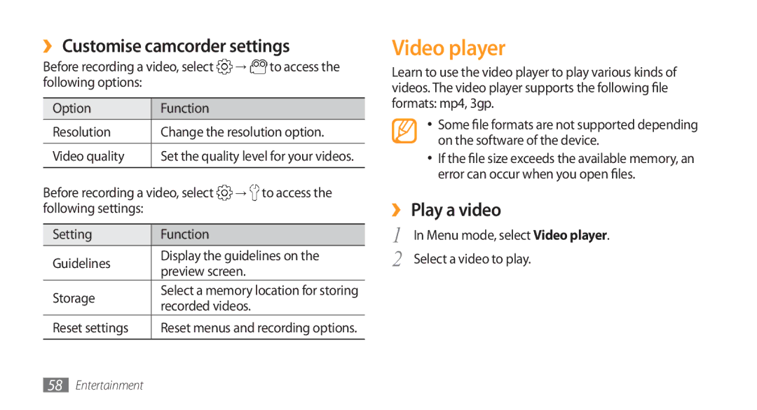 Samsung GT-S5750HKZXEF, GT-S5750HKELPM, GT-S5750PWELPM manual Video player, ›› Customise camcorder settings, ›› Play a video 