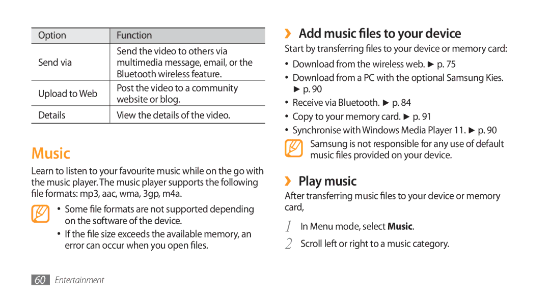 Samsung GT-S5750HKESEB, GT-S5750HKELPM, GT-S5750PWELPM manual Music, ›› Add music files to your device, ›› Play music 