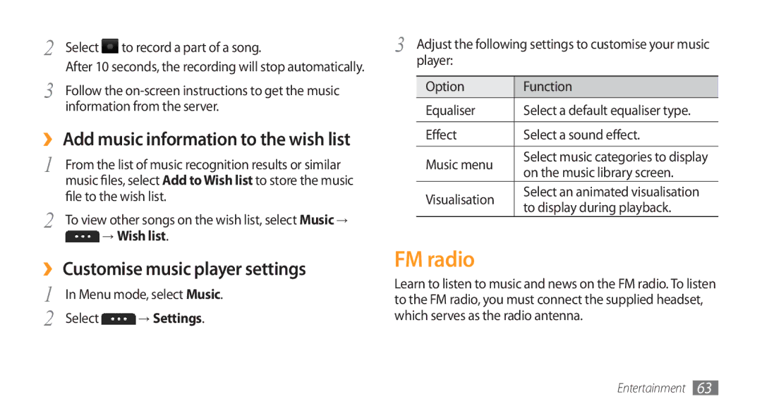 Samsung GT-S5750HKELPM, GT-S5750PWELPM manual FM radio, ›› Customise music player settings, → Wish list, → Settings 