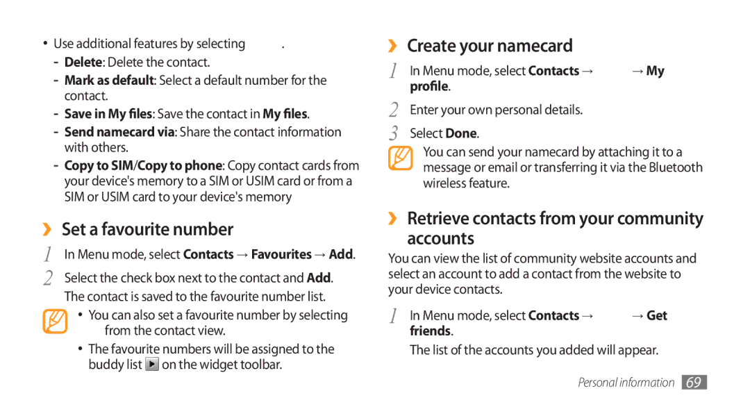 Samsung GT-S5750TIEFTM, GT-S5750HKELPM, GT-S5750PWELPM manual ›› Set a favourite number, ›› Create your namecard, Accounts 