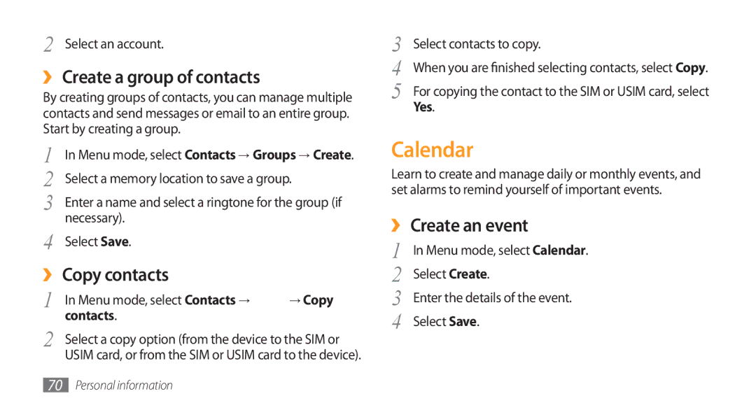 Samsung GT-S5750HKEXEF, GT-S5750HKELPM manual Calendar, ›› Create a group of contacts, ›› Copy contacts, ›› Create an event 