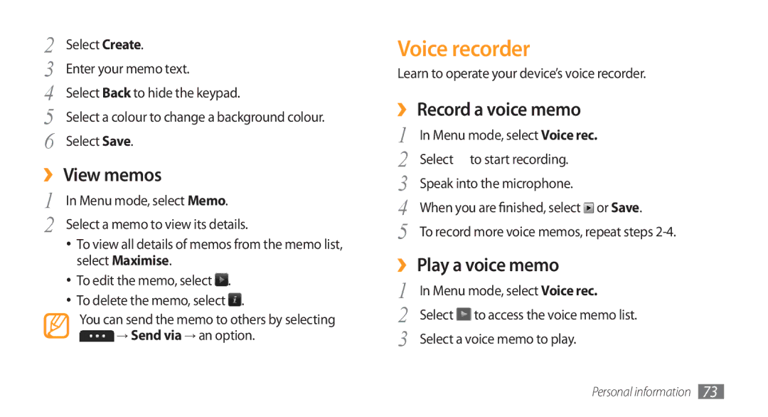 Samsung GT-S5750TIEXEF, GT-S5750HKELPM manual Voice recorder, ›› View memos, ›› Record a voice memo, ›› Play a voice memo 