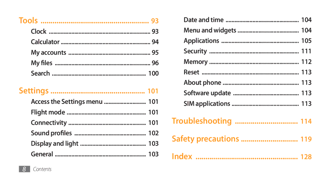 Samsung GT-S5750HKEBOG, GT-S5750HKELPM, GT-S5750PWELPM manual Tools, Settings, Troubleshooting, Safety precautions, Index 