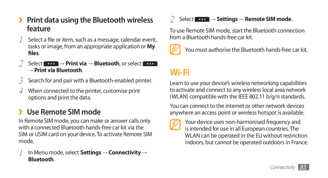 Samsung GT-S5750PWELPM manual Wi-Fi, ›› Print data using the Bluetooth wireless feature, ›› Use Remote SIM mode, Files 