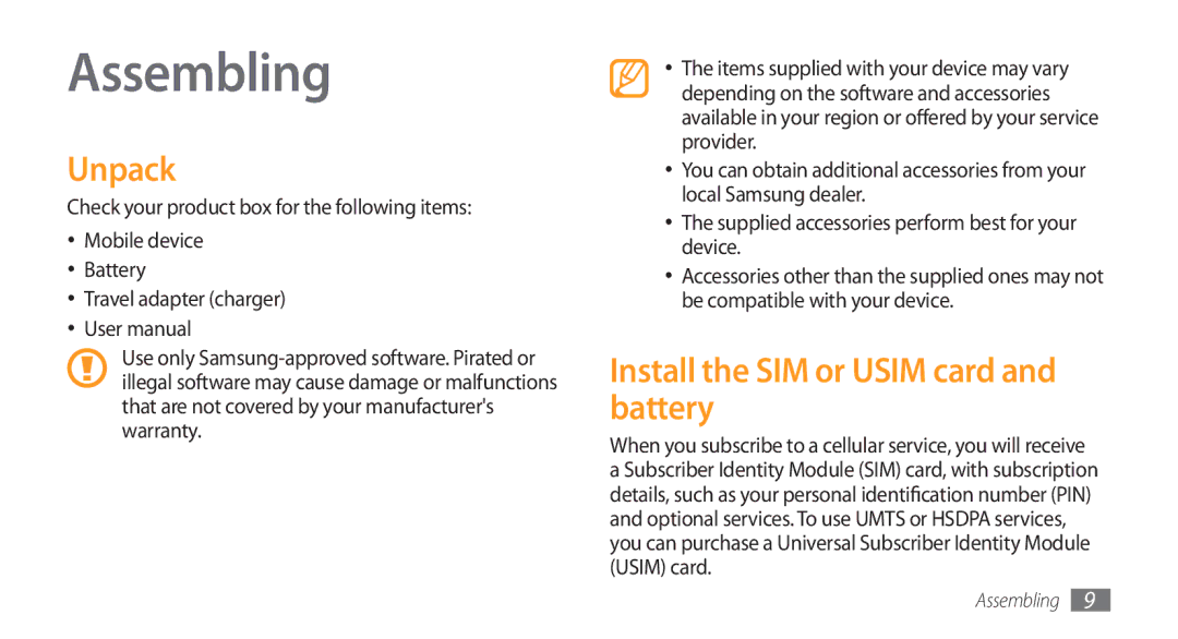 Samsung GT-S5750TIENRJ, GT-S5750HKELPM, GT-S5750PWELPM manual Assembling, Unpack, Install the SIM or Usim card and battery 