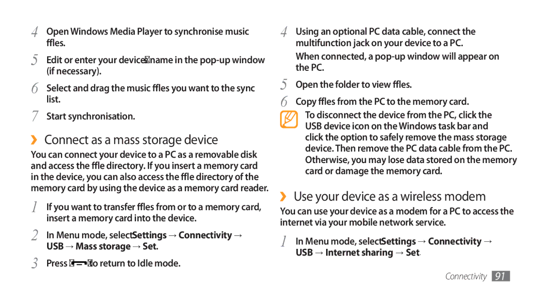 Samsung GT-S5750HKEXEF, GT-S5750HKELPM manual ›› Connect as a mass storage device, ›› Use your device as a wireless modem 