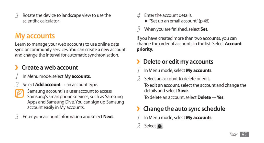 Samsung GT-S5750PWEXEF, GT-S5750HKELPM, GT-S5750PWELPM My accounts, ›› Create a web account, ›› Delete or edit my accounts 