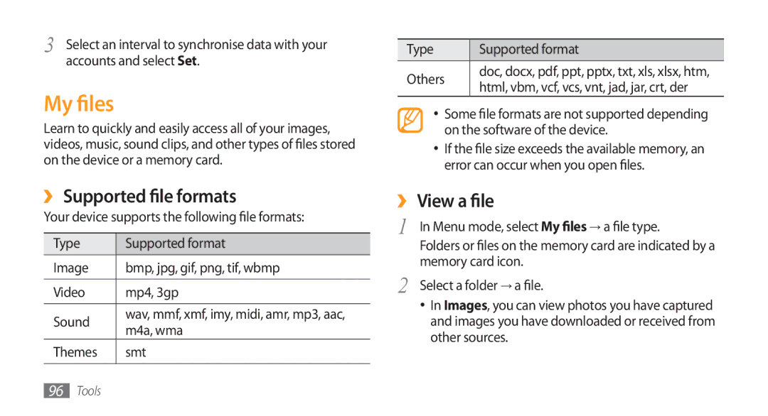 Samsung GT-S5750PWEBOG, GT-S5750HKELPM, GT-S5750PWELPM, GT-S5750HKEFTM My files, ›› Supported file formats, ›› View a file 