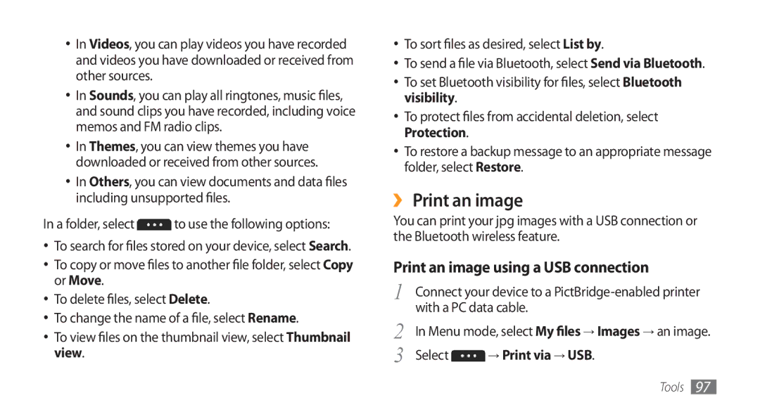 Samsung GT-S5750HKEVGF, GT-S5750HKELPM manual ›› Print an image, Print an image using a USB connection, → Print via → USB 