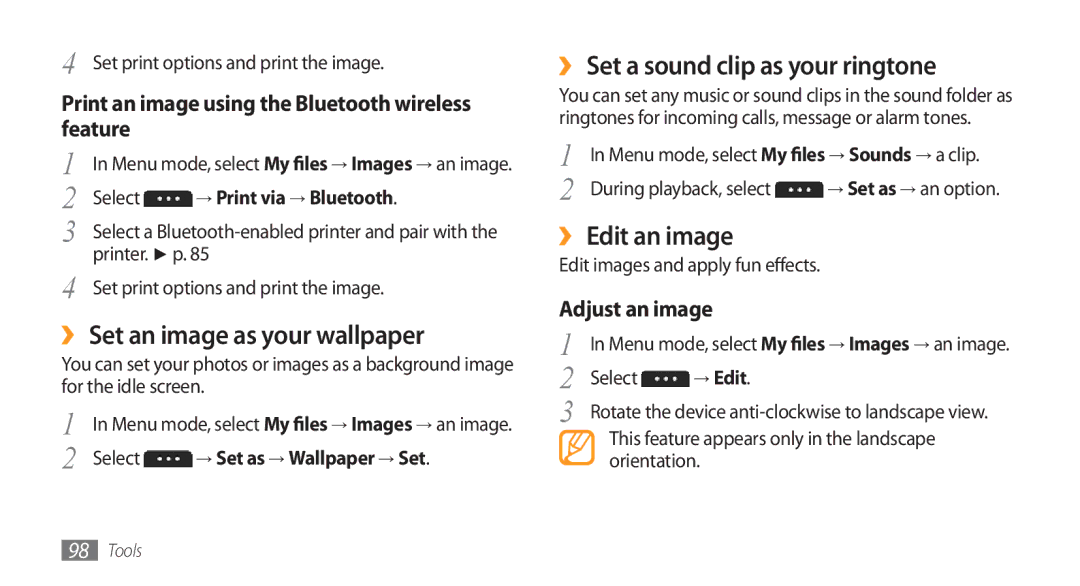 Samsung GT-S5750HKESFR manual ›› Set an image as your wallpaper, ›› Set a sound clip as your ringtone, ›› Edit an image 