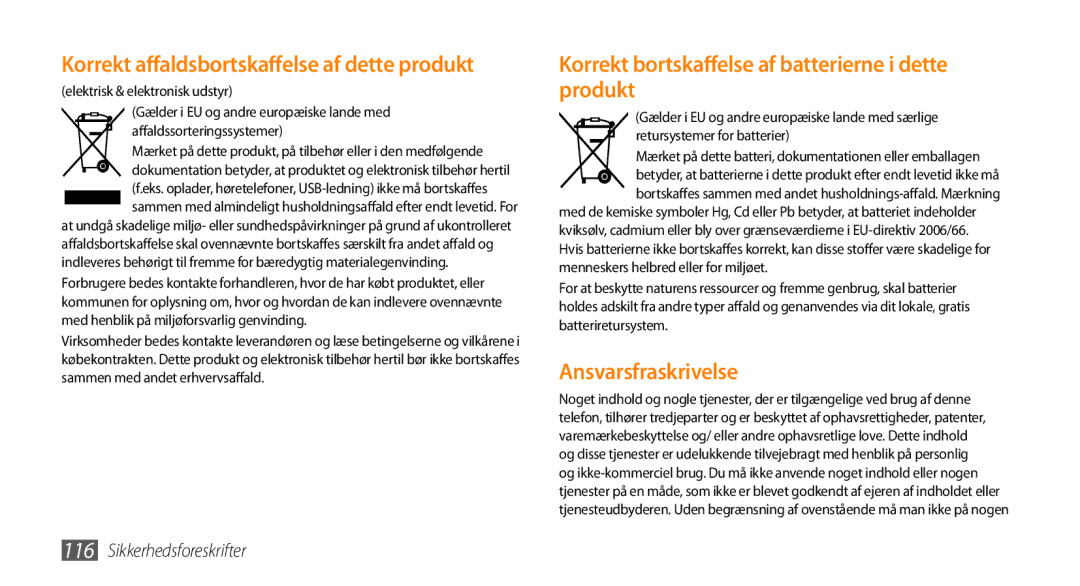 Samsung GT-S5750TIENEE, GT-S5750HKENEE, GT-S5750PWENEE manual Korrekt bortskaffelse af batterierne i dette produkt 