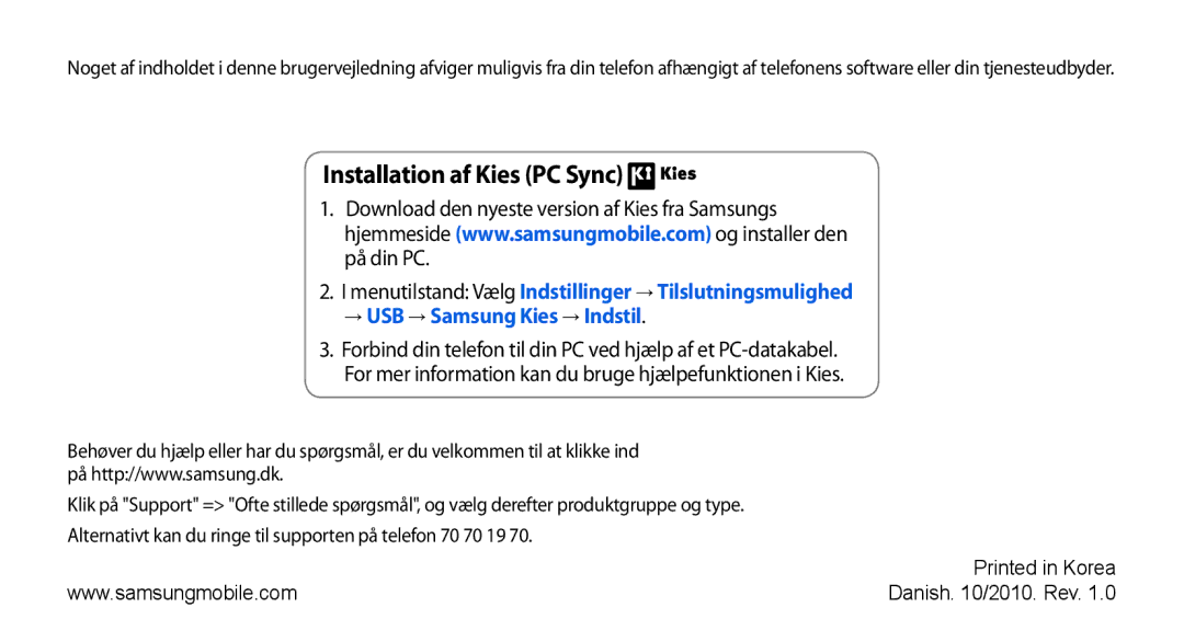 Samsung GT-S5750PWENEE, GT-S5750HKENEE, GT-S5750TIENEE manual Installation af Kies PC Sync 