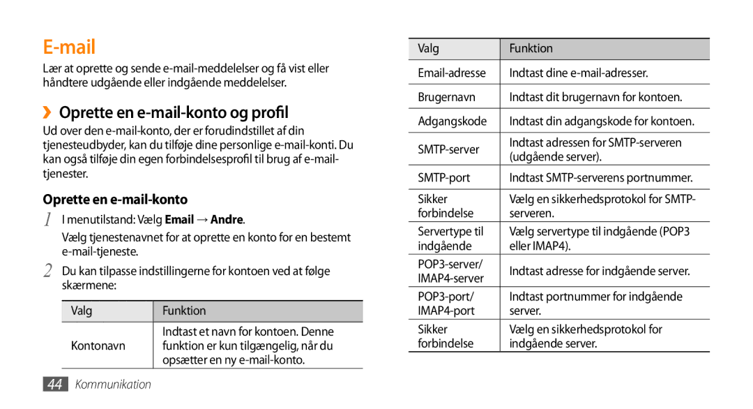 Samsung GT-S5750TIENEE, GT-S5750HKENEE, GT-S5750PWENEE manual Mail, ››Oprette en e-mail-konto og profil 