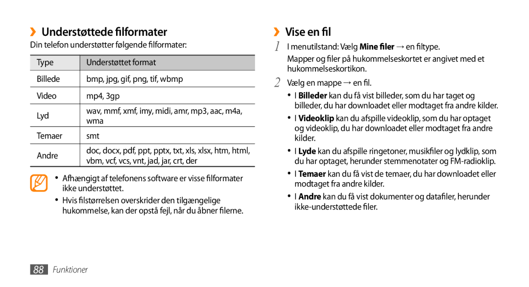 Samsung GT-S5750PWENEE, GT-S5750HKENEE, GT-S5750TIENEE manual ››Understøttede filformater, ››Vise en fil, Wma 