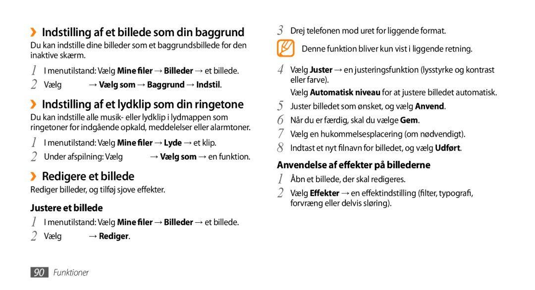 Samsung GT-S5750HKENEE manual ››Indstilling af et billede som din baggrund, ››Indstilling af et lydklip som din ringetone 