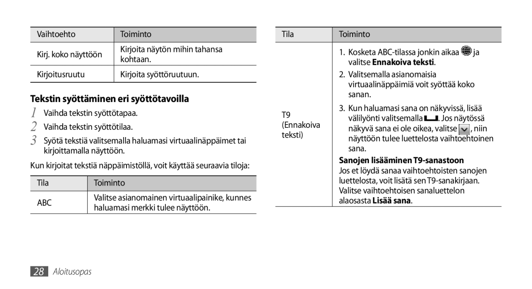 Samsung GT-S5750PWENEE, GT-S5750HKENEE, GT-S5750TIENEE Tekstin syöttäminen eri syöttötavoilla, Valitse Ennakoiva teksti 